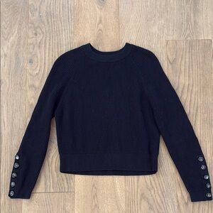 Sezane Sami Merino Wool Cotton Cropped Crewneck Button Sleeve Sweater
